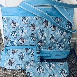 Wolf print tote, toiletries bag, and pencil bag.